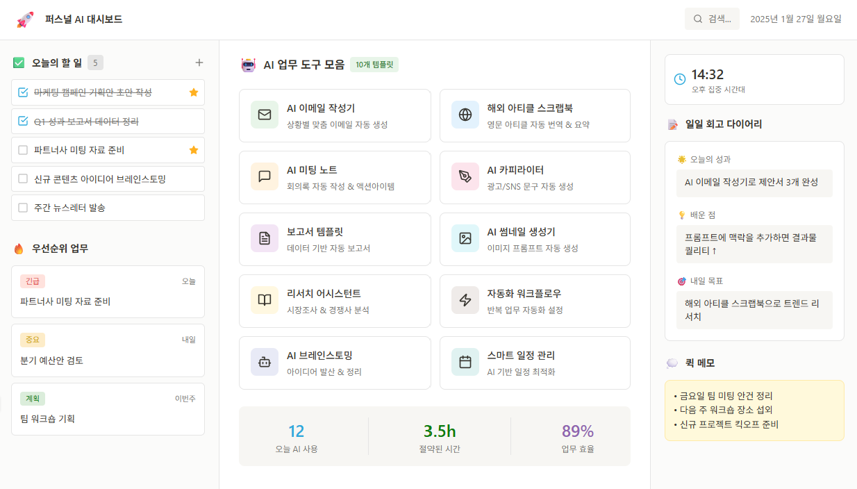 퍼스널 AI 대시보드 예시 화면